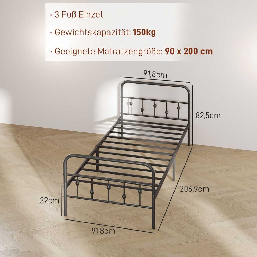 HOMCOM Lovos rėmas čiužiniui 200 x 90 cm, sulankstomas lovos rėmas, 82,5 cm aukščio metalinė lova, metalinis lovos rėmas, pagamintas iš metalo, skirtas miegamajam, svečių kambariui, juodas