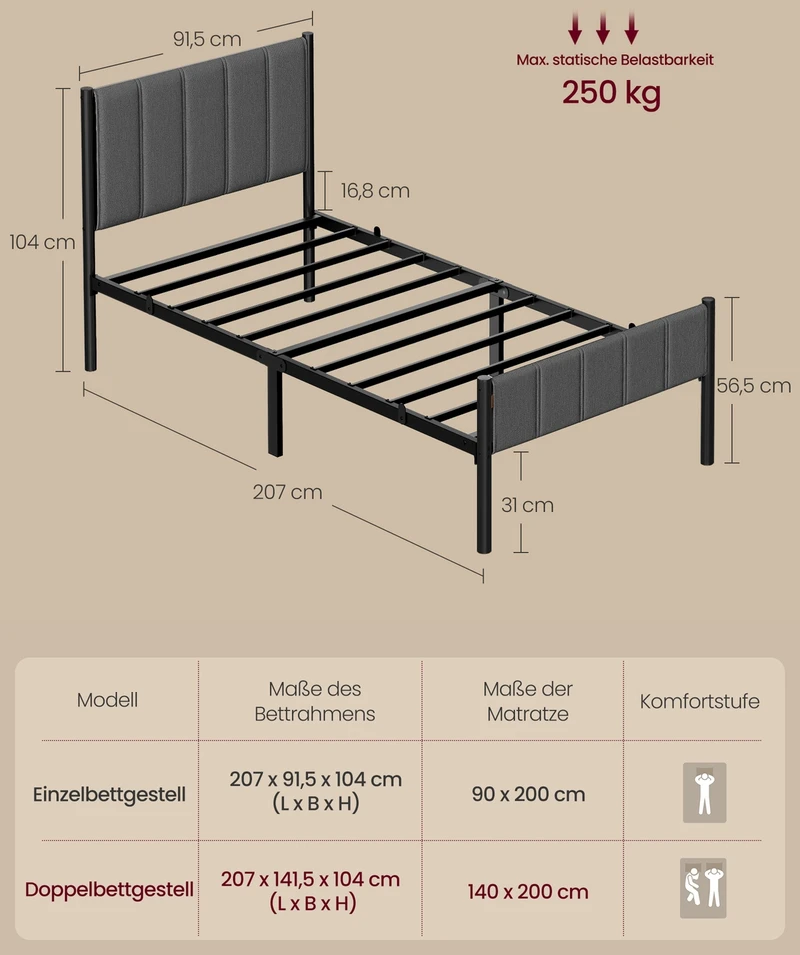 Lova Songmics Dvivietės lovos rėmas 90 x 200 cm su plieninėmis lentelėmis, šiferio pilkos spalvos