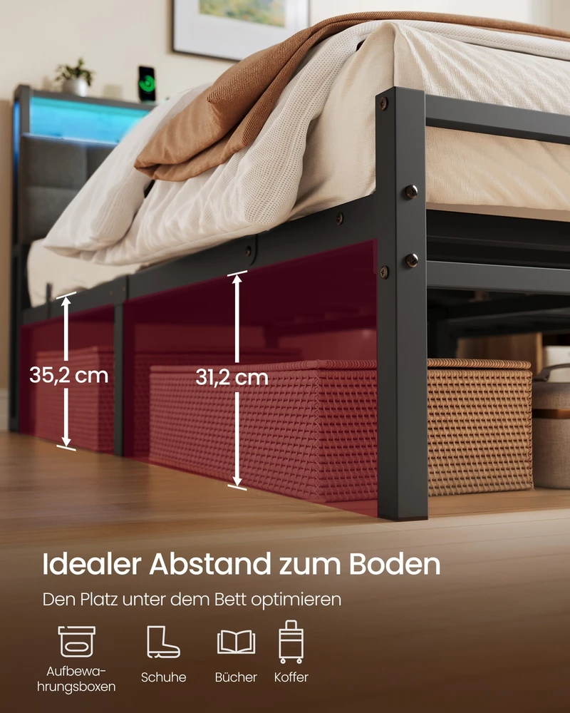 Lova Songmics Lovos rėmas su daiktadėže ir LED apšvietimu, matinės juodos ir vintažinės rudos spalvos, 218,3 × 140,5 × 104,5 cm