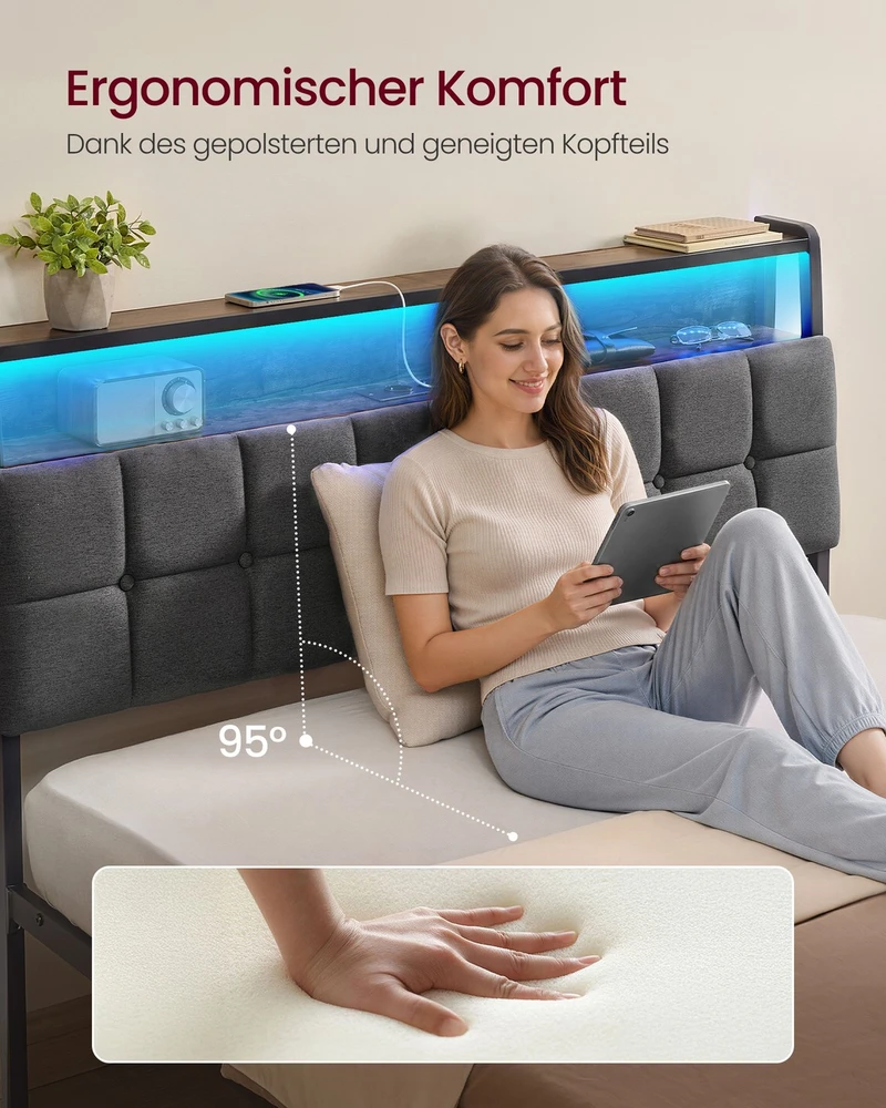 Lova Songmics Lovos rėmas su daiktadėže ir LED apšvietimu, matinės juodos ir vintažinės rudos spalvos, 218,3 × 140,5 × 104,5 cm