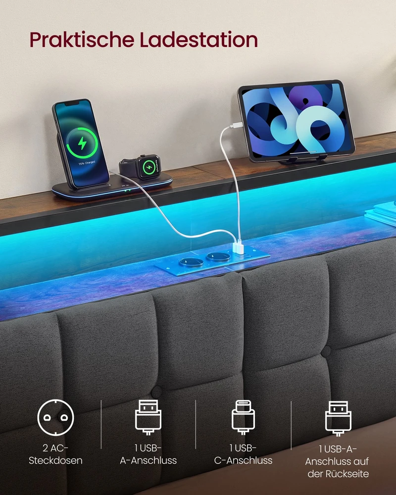 Lova Songmics Lovos rėmas su daiktadėže ir LED apšvietimu, matinės juodos ir vintažinės rudos spalvos, 218,3 × 140,5 × 104,5 cm