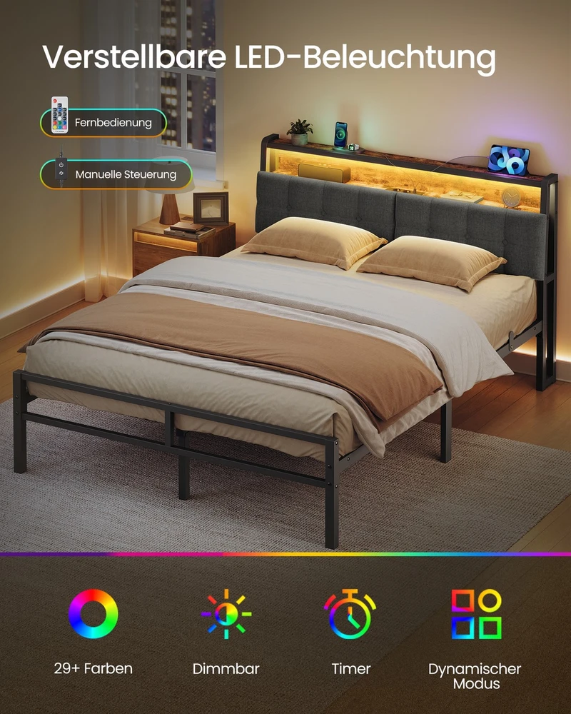 Lova Songmics Lovos rėmas su daiktadėže ir LED apšvietimu, matinės juodos ir vintažinės rudos spalvos, 218,3 × 140,5 × 104,5 cm