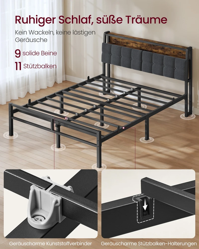 Lova Songmics Lovos rėmas su daiktadėže ir LED apšvietimu, matinės juodos ir vintažinės rudos spalvos, 218,3 × 140,5 × 104,5 cm