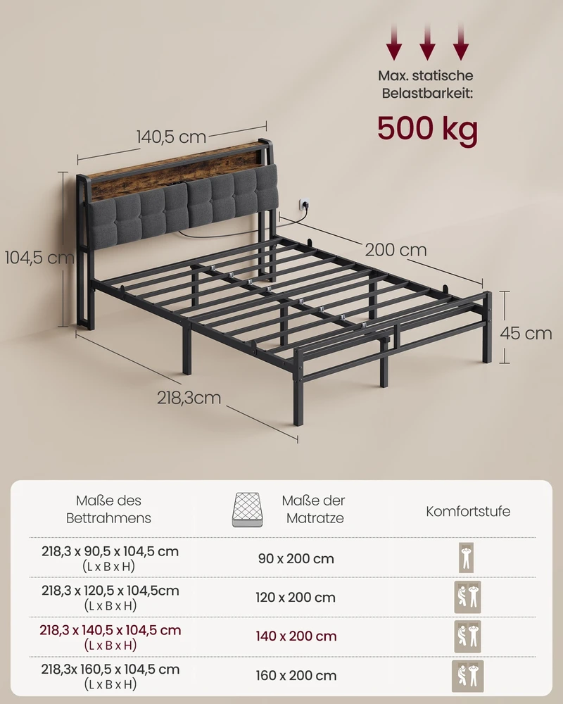 Lova Songmics Lovos rėmas su daiktadėže ir LED apšvietimu, matinės juodos ir vintažinės rudos spalvos, 218,3 × 140,5 × 104,5 cm