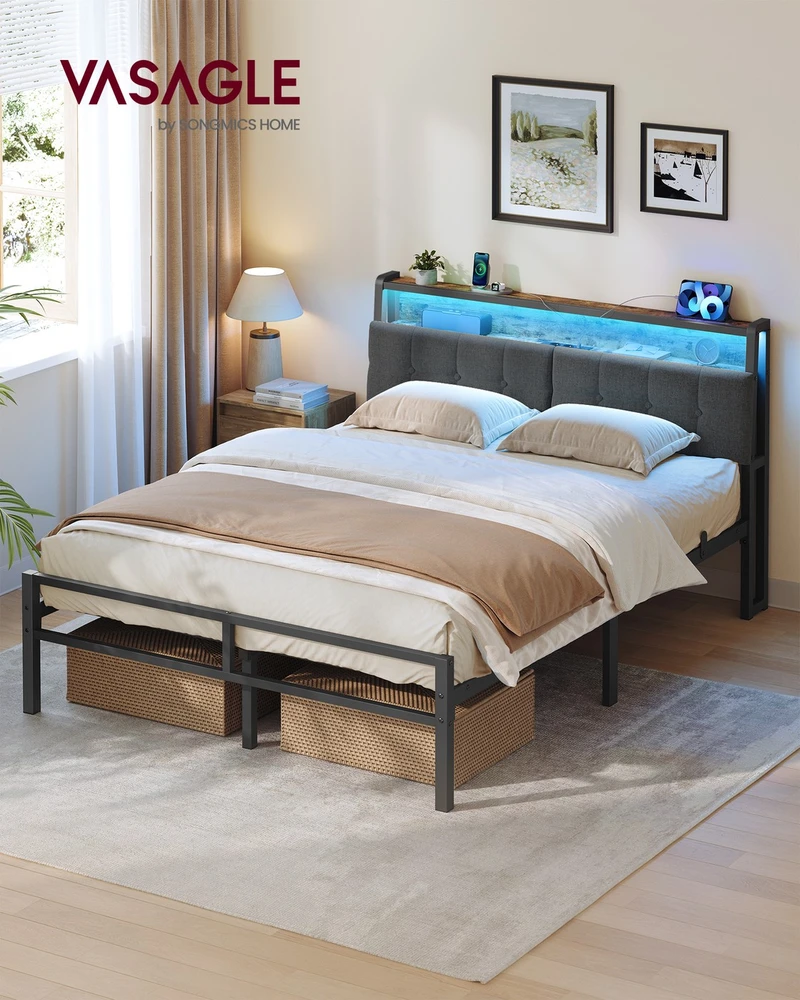Lova Songmics Lovos rėmas su daiktadėže ir LED apšvietimu, matinės juodos ir vintažinės rudos spalvos, 218,3 × 140,5 × 104,5 cm