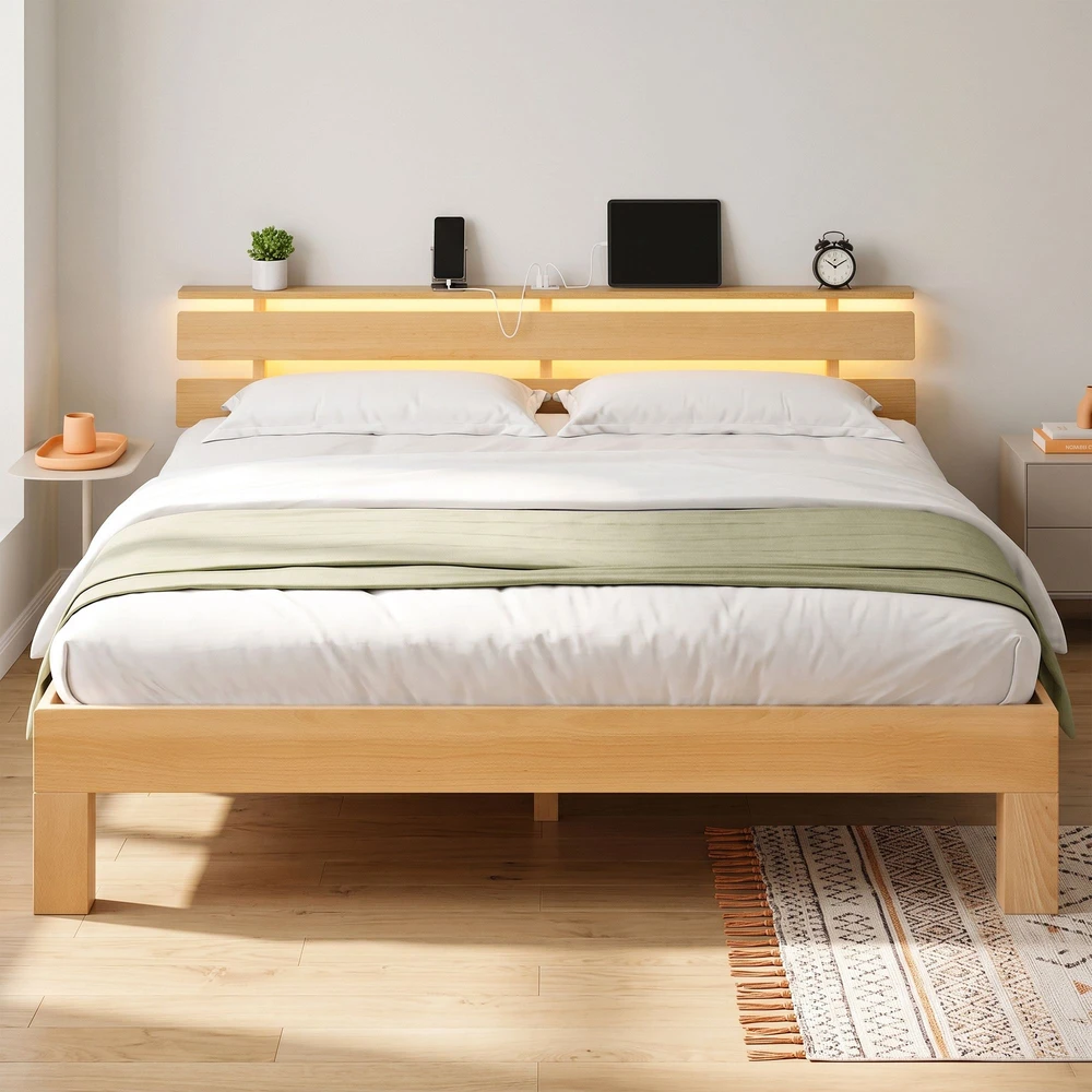 Lova Songmics Lovos rėmas su galvūgaliu ir LED apšvietimu, natūralios spalvos, 221,2 × 164,5 × 78 cm