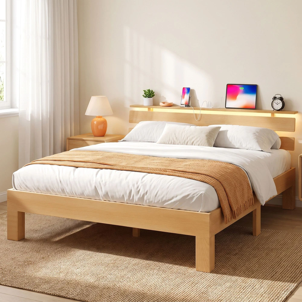 Lova Songmics Lovos rėmas su galvūgaliu ir LED apšvietimu, natūralios spalvos, 221,2 × 144,5 × 78 cm
