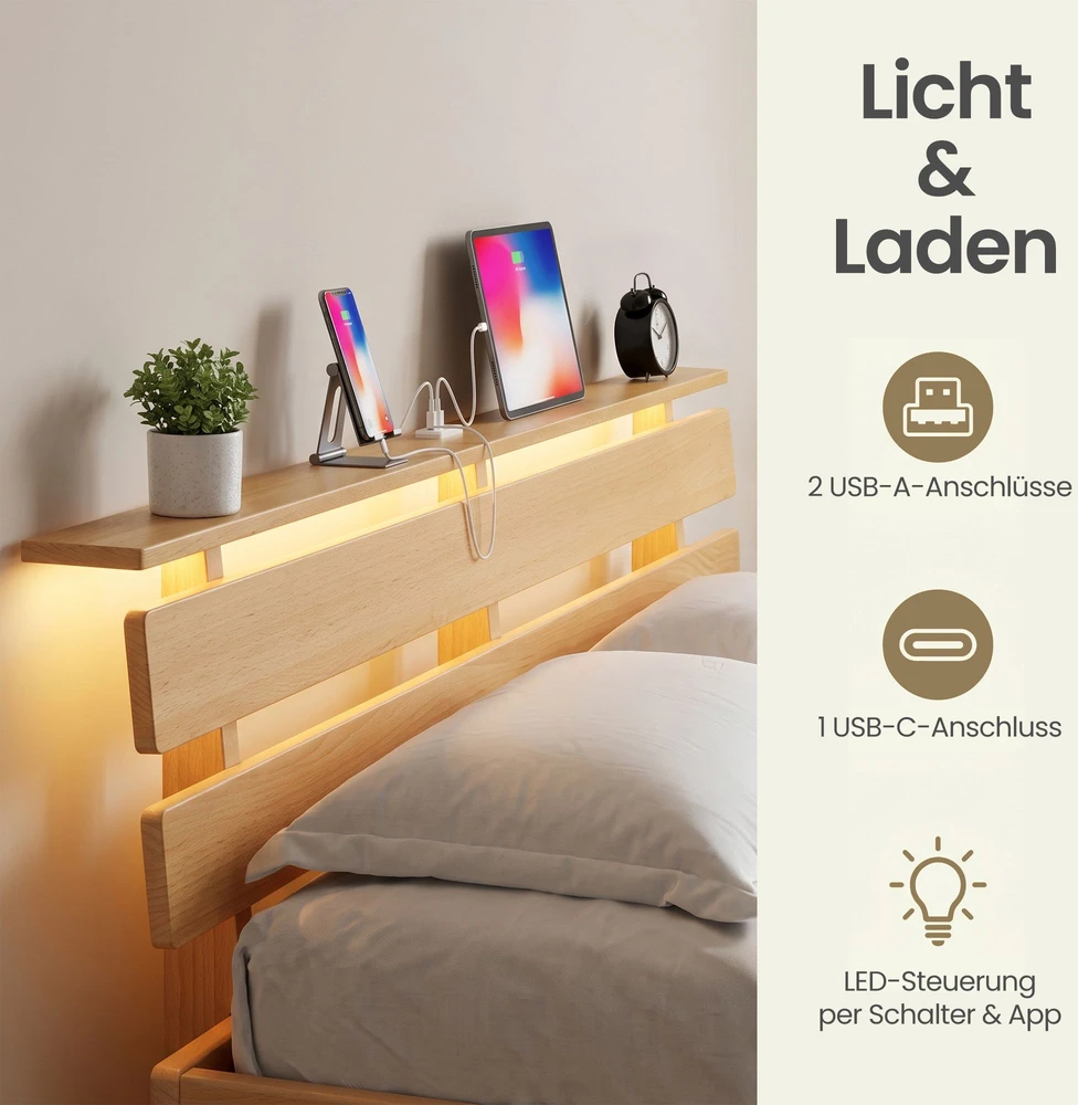 Lova Songmics Lovos rėmas su galvūgaliu ir LED apšvietimu, natūralios spalvos, 221,2 × 164,5 × 78 cm