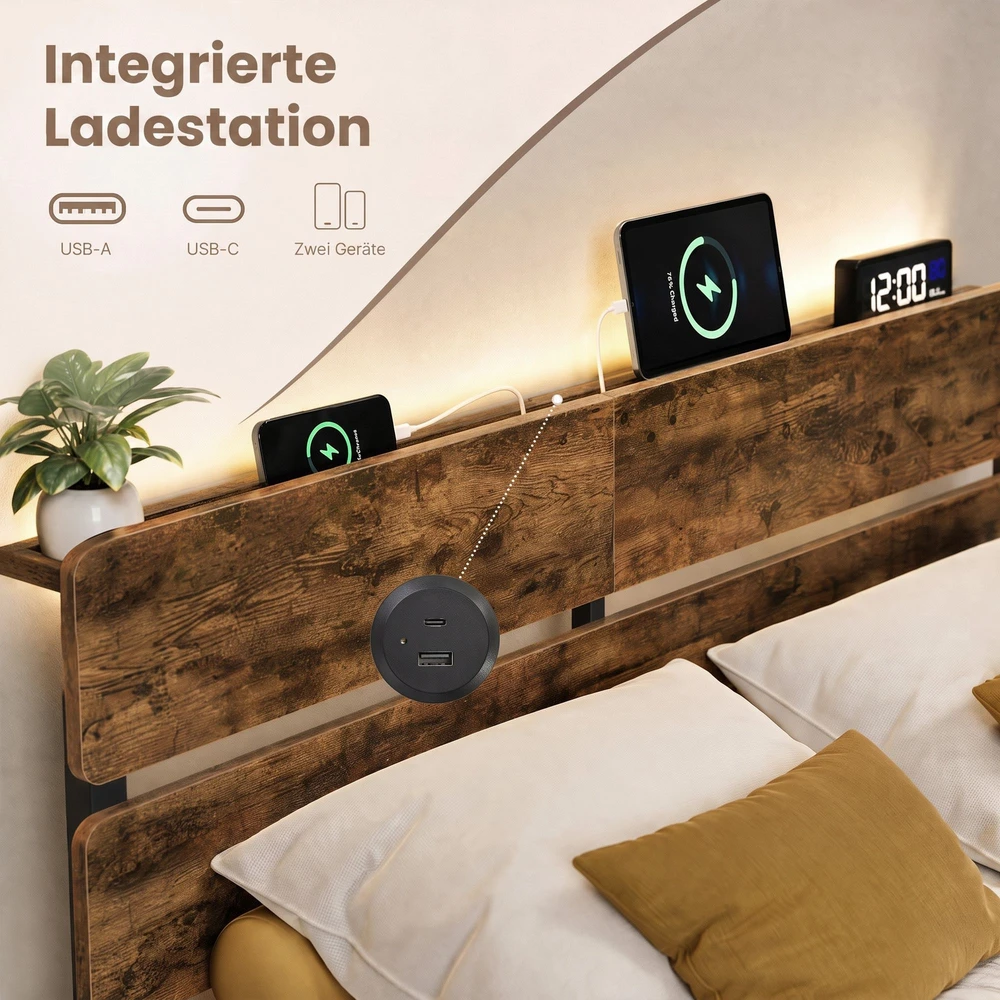Lova Songmics Lovos rėmas su LED apšvietimu ir USB jungtimis, rudas, 214,2 x 167 x 100,2 cm
