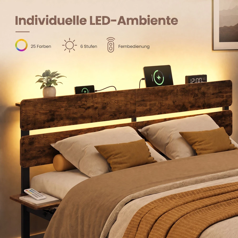 Lova Songmics Lovos rėmas su LED apšvietimu ir USB jungtimis, rudas, 214,2 x 167 x 100,2 cm