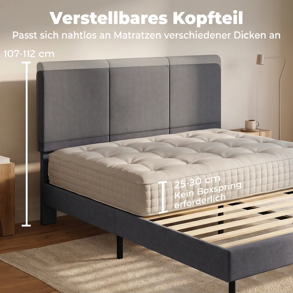 Lova Lovos rėmas su reguliuojamu galvūgaliu ir 12 faneros lentjuosčių, tamsiai pilkas, 150 × 208 × 107–112 cm