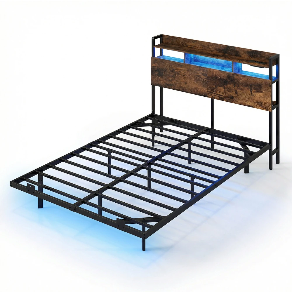 Lova Lovos rėmas su RGB LED apšvietimu ir paslėptomis atraminėmis kojomis, rustikinės rudos ir juodos spalvos, 218 × 140 × 106 cm