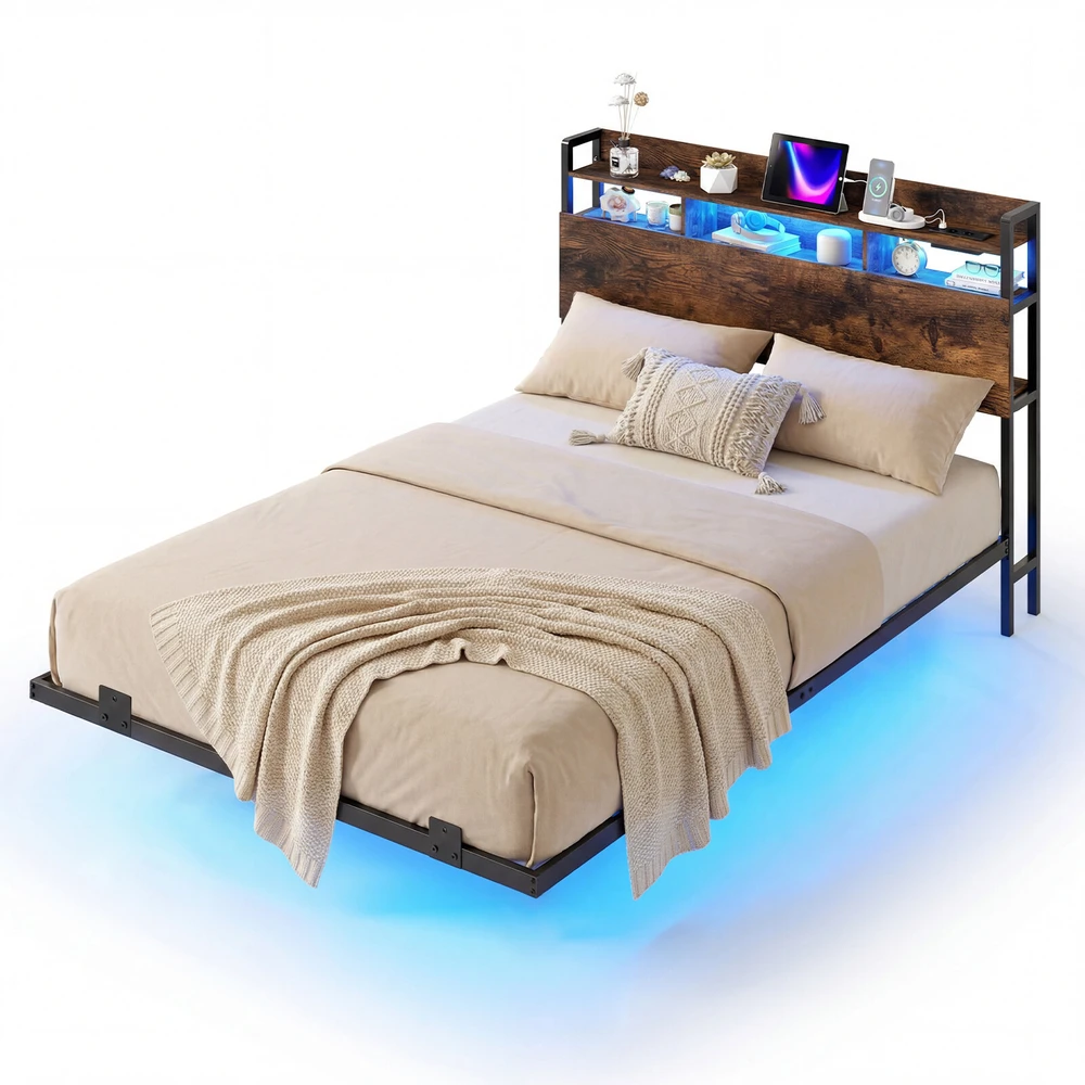 Lova Lovos rėmas su RGB LED apšvietimu ir paslėptomis atraminėmis kojomis, rustikinės rudos ir juodos spalvos, 218 × 140 × 106 cm