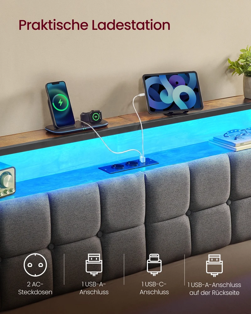 Songmics Lova su daiktų laikymo vieta ir LED apšvietimu, matinė juoda, 218,3 × 90,5 × 104,5 cm