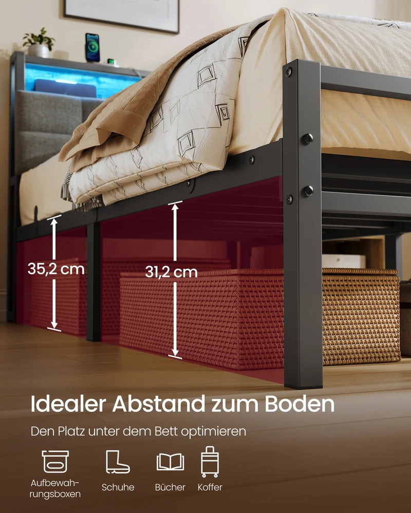 Songmics Lova su daiktų laikymo vieta ir LED apšvietimu, matinė juoda, 218,3 × 90,5 × 104,5 cm