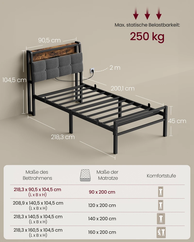 Songmics Lova su daiktų laikymo vieta ir LED apšvietimu, matinė juoda, 218,3 × 90,5 × 104,5 cm