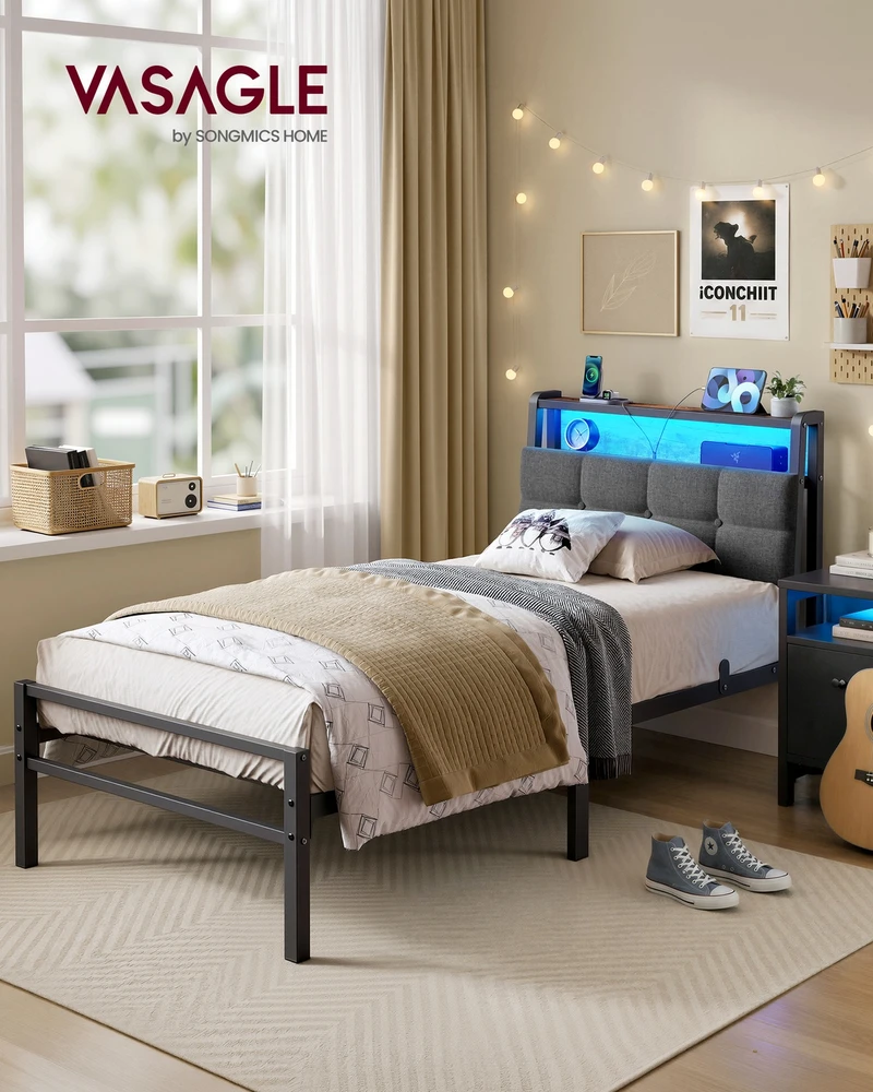 Songmics Lova su daiktų laikymo vieta ir LED apšvietimu, matinė juoda, 218,3 × 90,5 × 104,5 cm