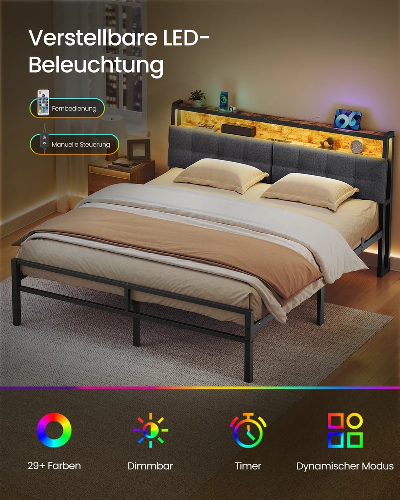 Songmics Lova su galvūgaliu ir LED apšvietimu, matinė juoda ir vintažinė ruda, 218,3 × 160,5 × 104,5 cm