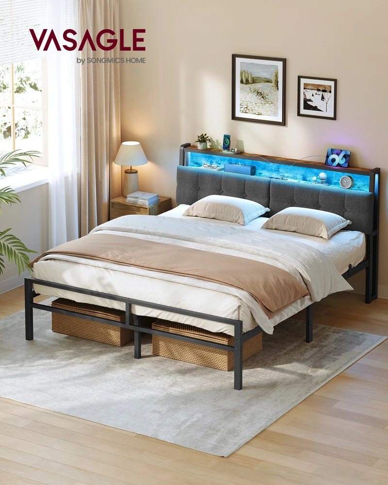 Songmics Lova su galvūgaliu ir LED apšvietimu, matinė juoda ir vintažinė ruda, 218,3 × 160,5 × 104,5 cm