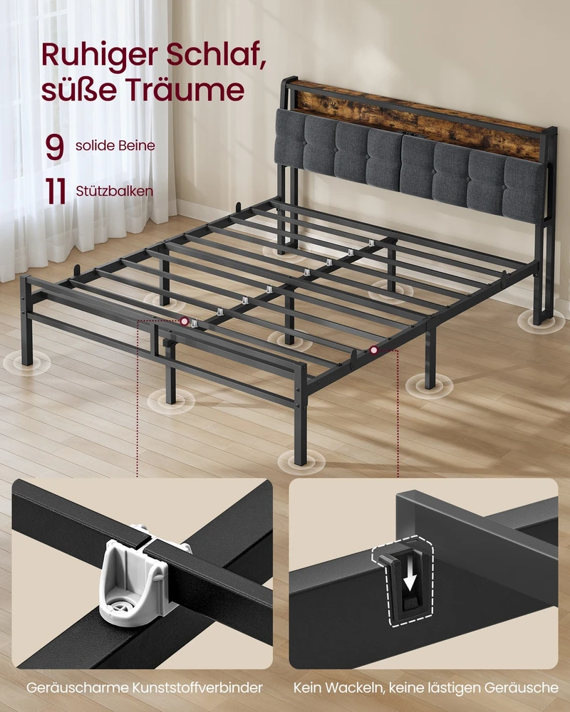 Songmics Lova su galvūgaliu ir LED apšvietimu, matinė juoda ir vintažinė ruda, 218,3 × 160,5 × 104,5 cm