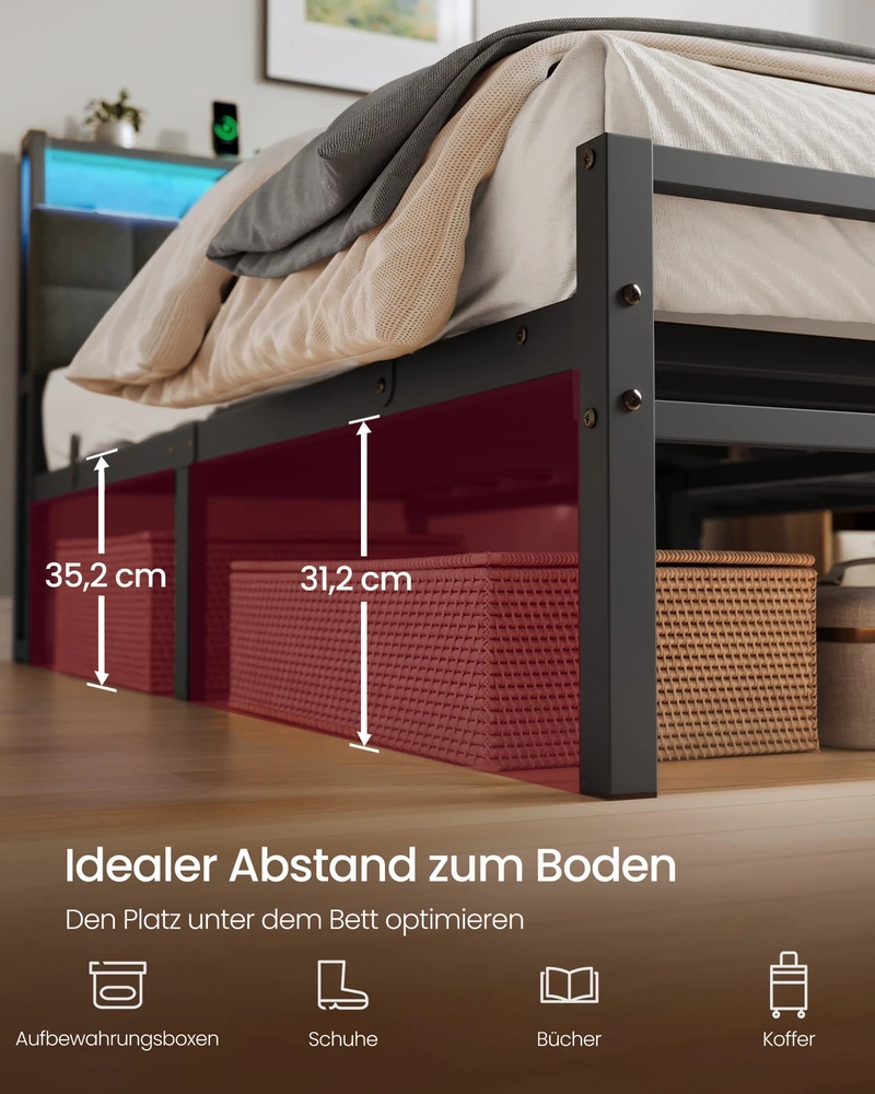 Songmics Lova su galvūgaliu ir LED apšvietimu, matinė juoda ir vintažinė ruda, 218,3 × 160,5 × 104,5 cm