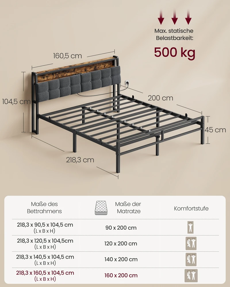 Songmics Lova su galvūgaliu ir LED apšvietimu, matinė juoda ir vintažinė ruda, 218,3 × 160,5 × 104,5 cm