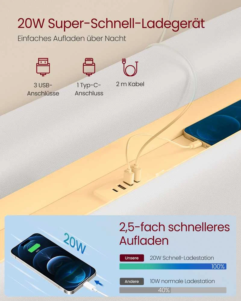 Vasagle Lovos rėmas su LED apšvietimu ir įkrovimo stotele 160 x 200 cm