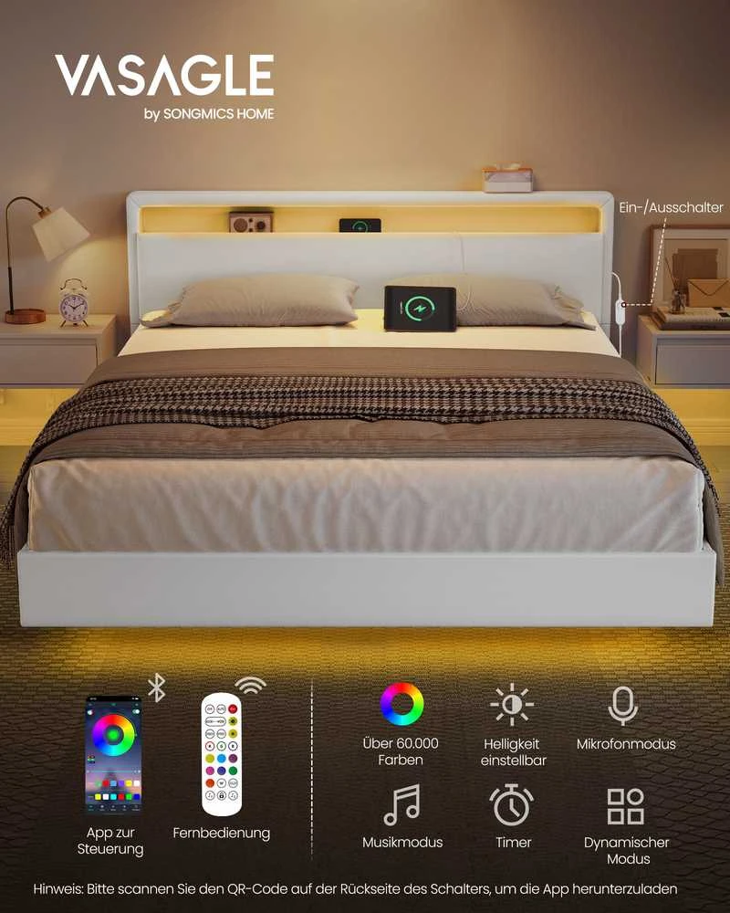 Vasagle Lovos rėmas su LED apšvietimu ir įkrovimo stotele 160 x 200 cm