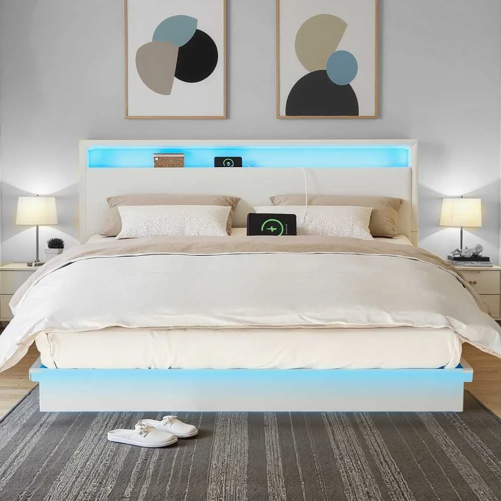 Songmics Lova su LED apšvietimu ir įkrovimo stotele 160 x 200 cm