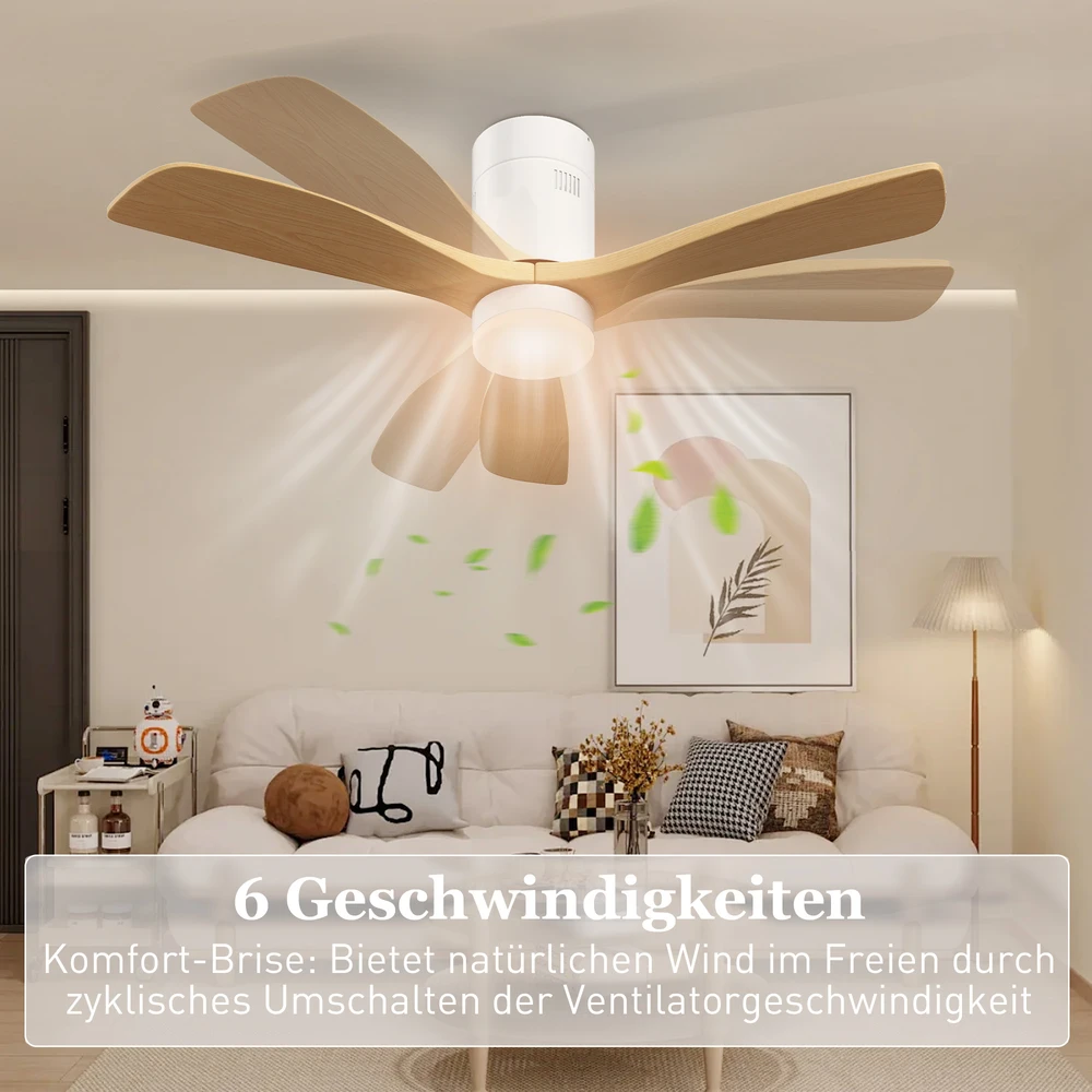 HOMCOM Lubų ventiliatorius su apšvietimu ir nuotoliniu valdymu 117 cm LED lempa su ventiliatoriumi, 3 sparnais, grįžtamuoju nuolatinės srovės varikliu, 3 šviesos spalvomis, 6 greičiais, laikmačiu miegamajam
