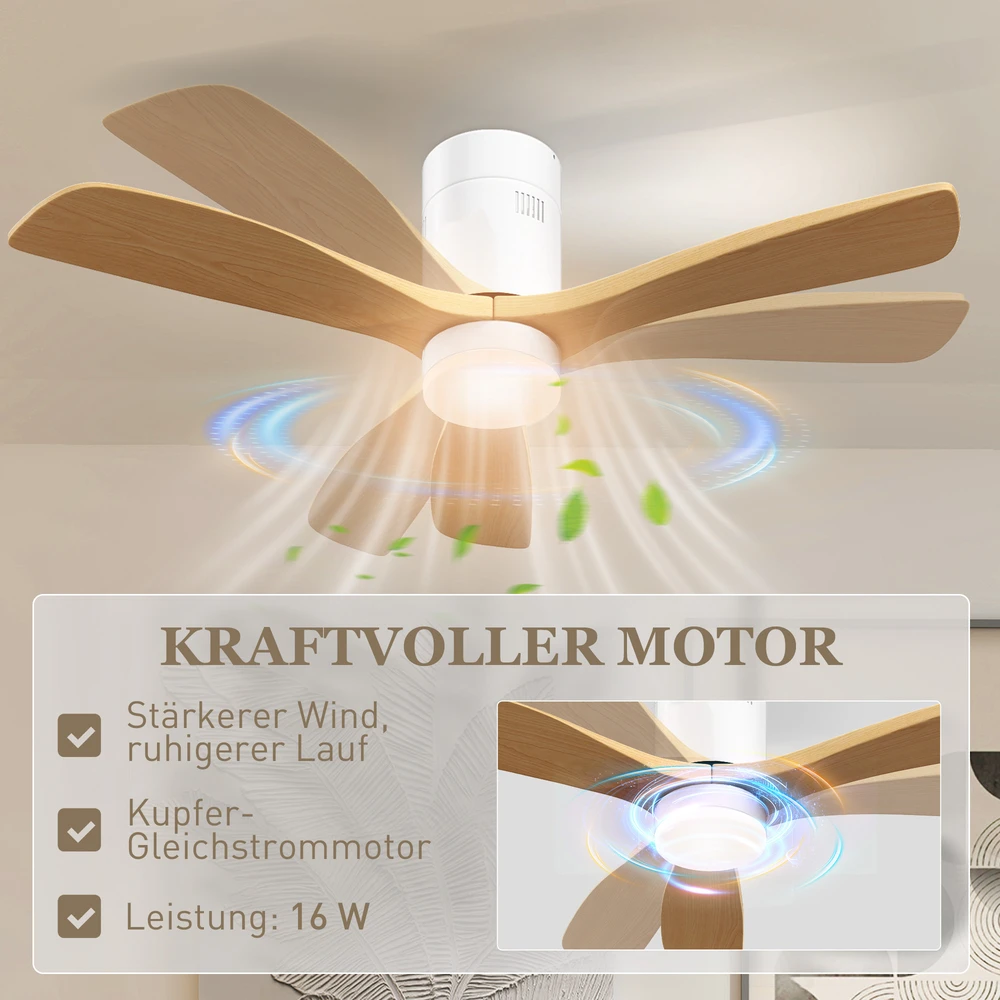 HOMCOM Lubų ventiliatorius su apšvietimu ir nuotoliniu valdymu 117 cm LED lempa su ventiliatoriumi, 3 sparnais, grįžtamuoju nuolatinės srovės varikliu, 3 šviesos spalvomis, 6 greičiais, laikmačiu miegamajam