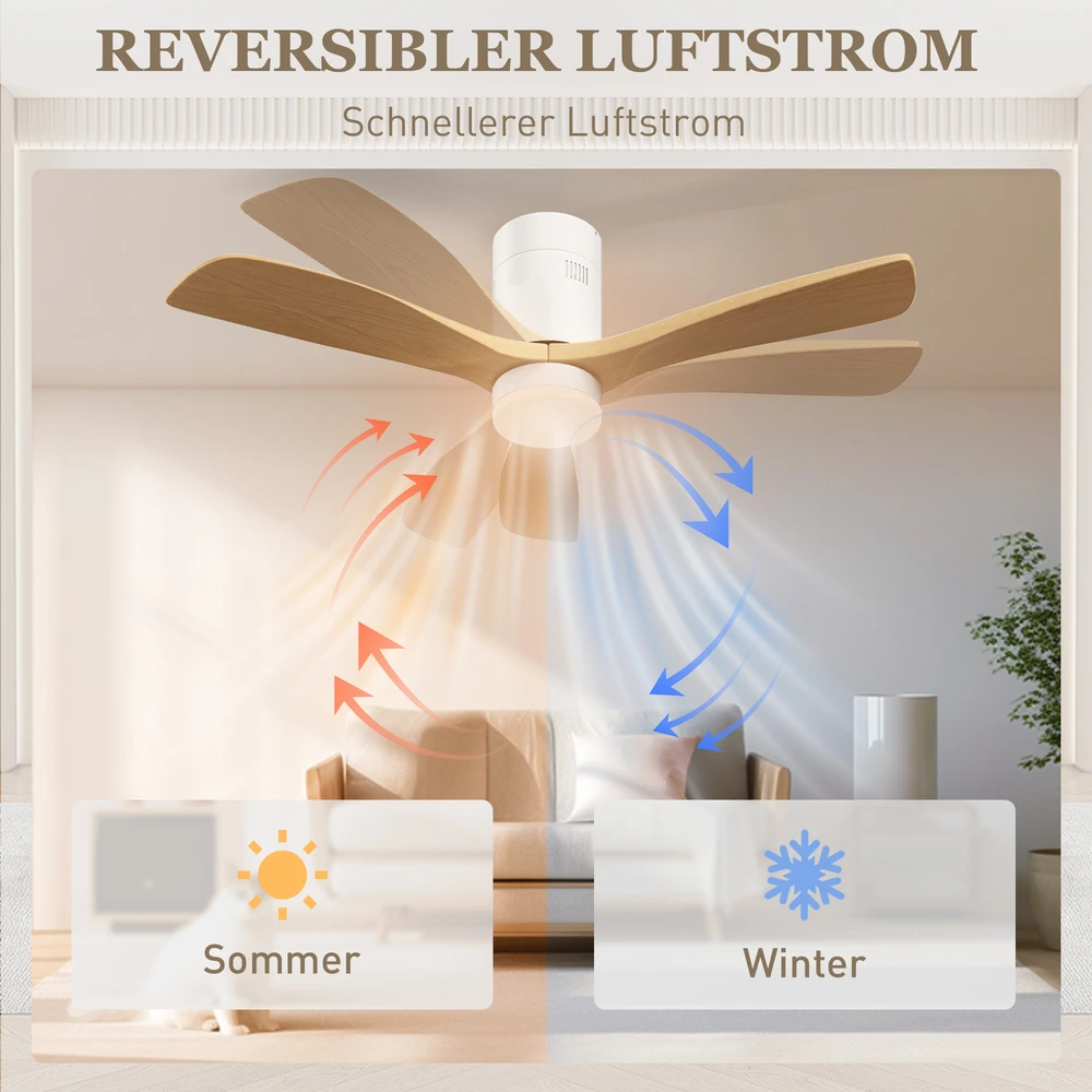 HOMCOM Lubų ventiliatorius su apšvietimu ir nuotoliniu valdymu 117 cm LED lempa su ventiliatoriumi, 3 sparnais, grįžtamuoju nuolatinės srovės varikliu, 3 šviesos spalvomis, 6 greičiais, laikmačiu miegamajam