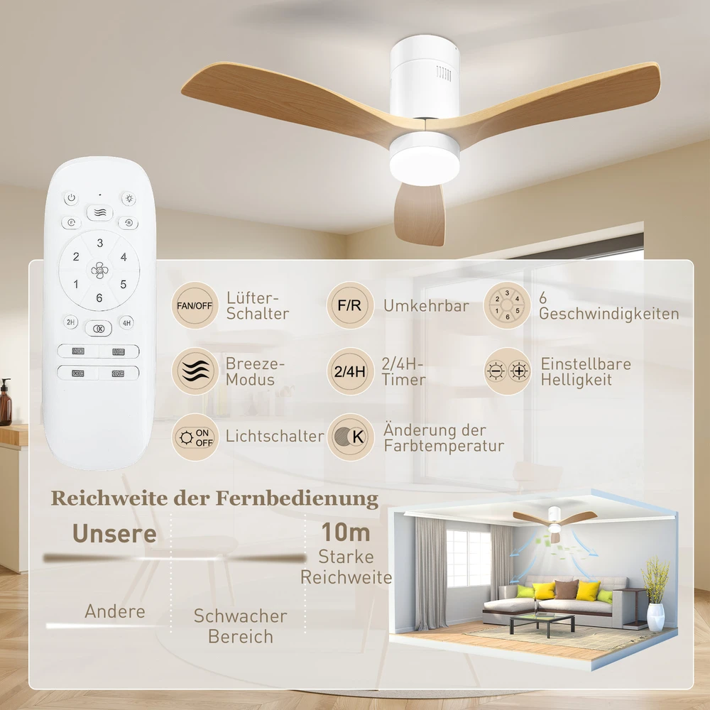HOMCOM Lubų ventiliatorius su apšvietimu ir nuotoliniu valdymu 117 cm LED lempa su ventiliatoriumi, 3 sparnais, grįžtamuoju nuolatinės srovės varikliu, 3 šviesos spalvomis, 6 greičiais, laikmačiu miegamajam