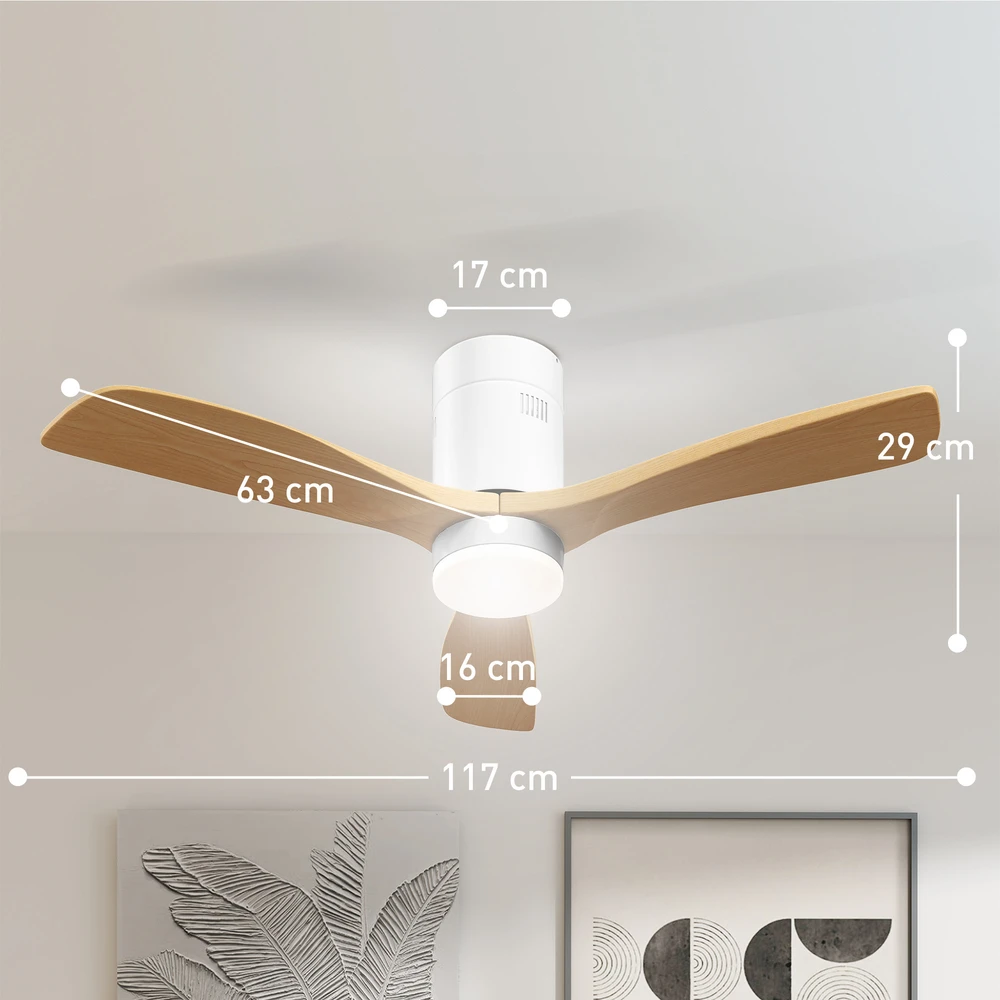 HOMCOM Lubų ventiliatorius su apšvietimu ir nuotoliniu valdymu 117 cm LED lempa su ventiliatoriumi, 3 sparnais, grįžtamuoju nuolatinės srovės varikliu, 3 šviesos spalvomis, 6 greičiais, laikmačiu miegamajam