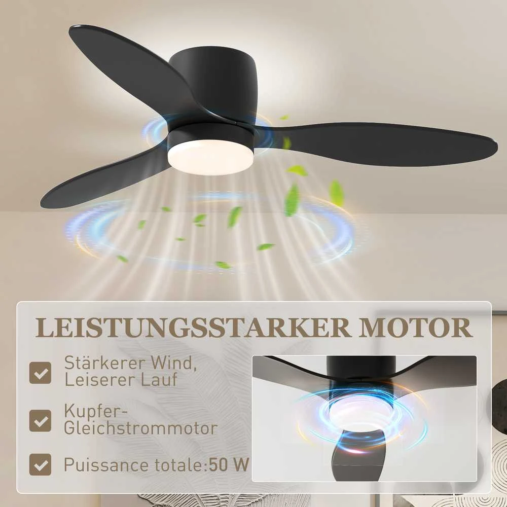 HOMCOM lubinis ventiliatorius su apšvietimu ir nuotolinio valdymo pulteliu, 115 cm, LED lempa su ventiliatoriumi, reversinis DC variklis, 3 sparnai, 3 šviesos spalvos, 6 greičiai, laikmatis, lubinis ventiliatorius miegamajam