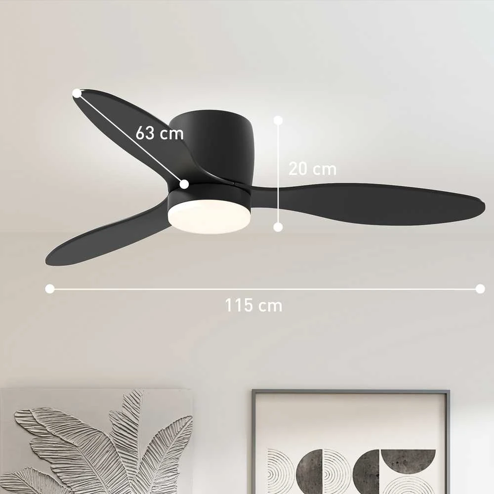 HOMCOM lubinis ventiliatorius su apšvietimu ir nuotolinio valdymo pulteliu, 115 cm, LED lempa su ventiliatoriumi, reversinis DC variklis, 3 sparnai, 3 šviesos spalvos, 6 greičiai, laikmatis, lubinis ventiliatorius miegamajam
