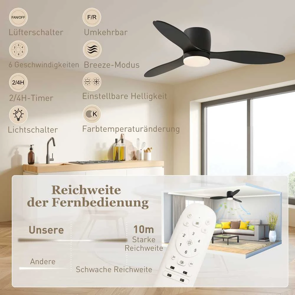 HOMCOM lubinis ventiliatorius su apšvietimu ir nuotolinio valdymo pulteliu, 115 cm, LED lempa su ventiliatoriumi, reversinis DC variklis, 3 sparnai, 3 šviesos spalvos, 6 greičiai, laikmatis, lubinis ventiliatorius miegamajam