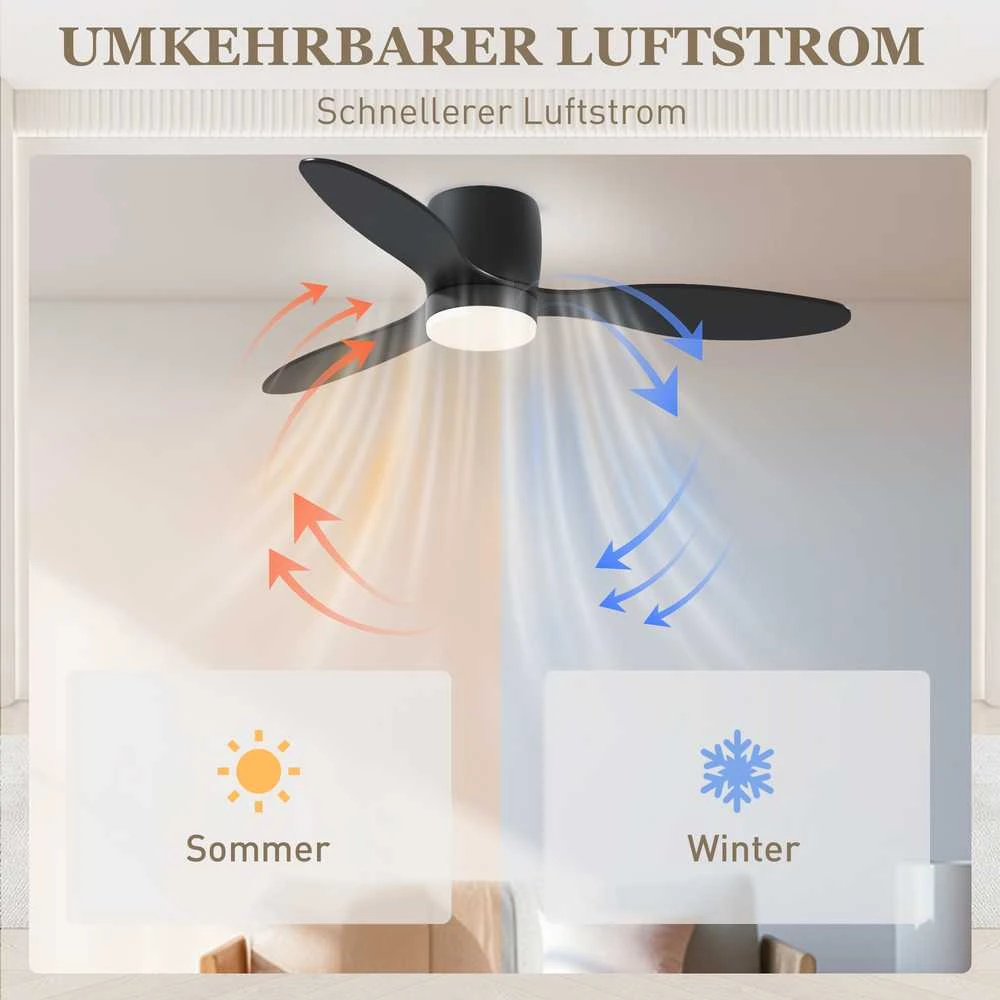 HOMCOM lubinis ventiliatorius su apšvietimu ir nuotolinio valdymo pulteliu, 115 cm, LED lempa su ventiliatoriumi, reversinis DC variklis, 3 sparnai, 3 šviesos spalvos, 6 greičiai, laikmatis, lubinis ventiliatorius miegamajam
