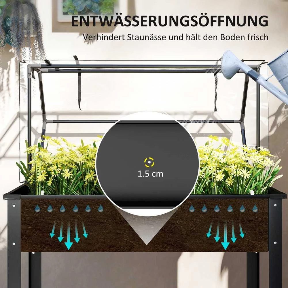 Outsunny aukšta lysvė su dangčiu, paaukštinta lysvė žolelėms su drenažo skylutėmis, metalinė sodinimo dėžė, atspari oro sąlygoms daržovių lysvė, sodo lysvė, sodinimo lovys sodui, balkonui, 100 x 48 x 124 cm, juoda