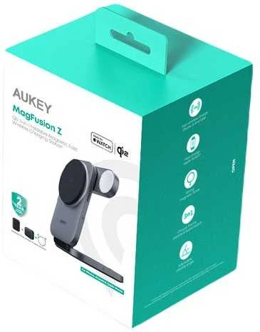 Magnetinis belaidis įkroviklis 3 viename MagFusion Aukey LC-MC312, 15 W Qi2 (pilka)