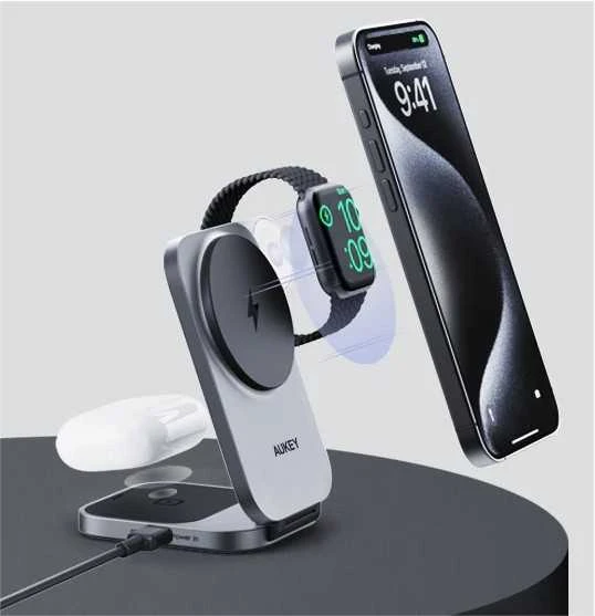Magnetinis belaidis įkroviklis 3 viename MagFusion Aukey LC-MC312, 15 W Qi2 (pilka)