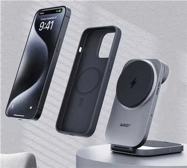Magnetinis belaidis įkroviklis 3 viename MagFusion Aukey LC-MC312, 15 W Qi2 (pilka)