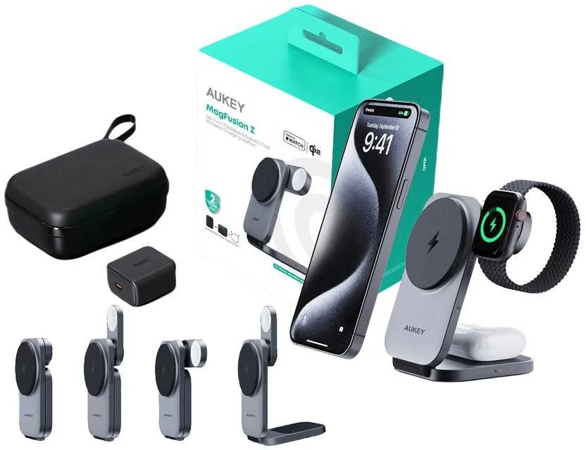 Magnetinis belaidis įkroviklis 3 viename MagFusion Aukey LC-MC312, 15 W Qi2 (pilka)