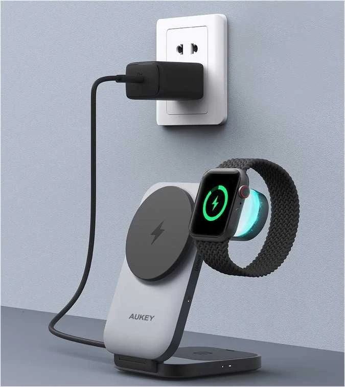 Magnetinis belaidis įkroviklis 3 viename MagFusion Aukey LC-MC312, 15 W Qi2 (pilka)