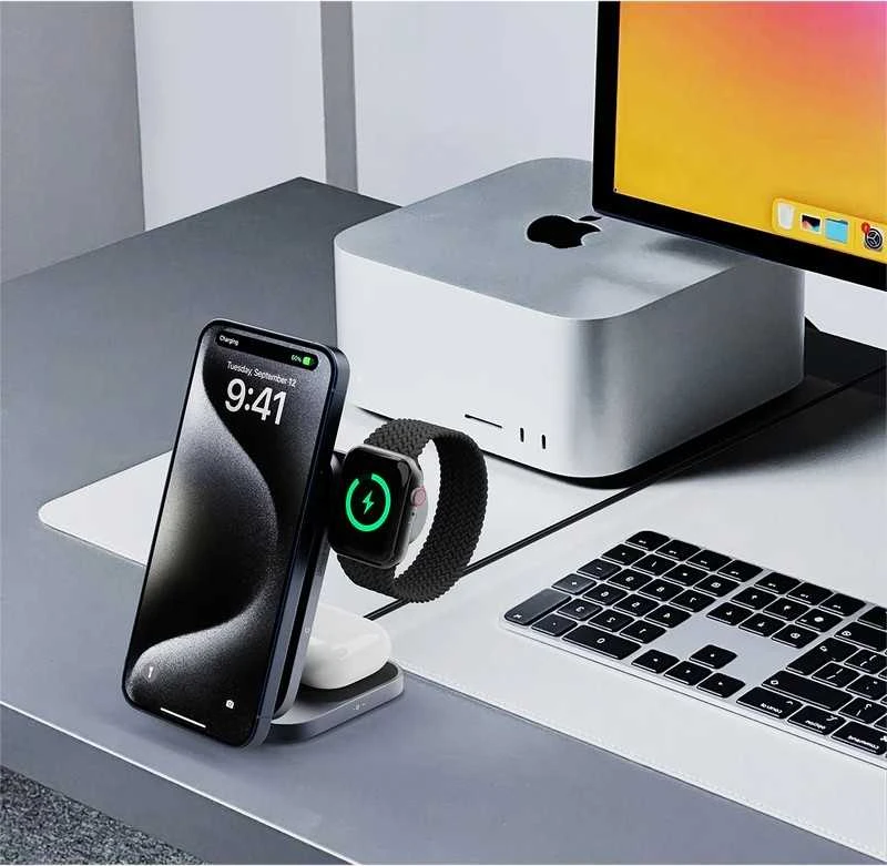 Magnetinis belaidis įkroviklis 3 viename MagFusion Aukey LC-MC312, 15 W Qi2 (pilka)