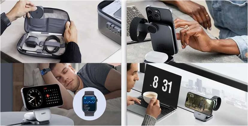 Magnetinis belaidis įkroviklis 3 viename MagFusion Aukey LC-MC312, 15 W Qi2 (pilka)