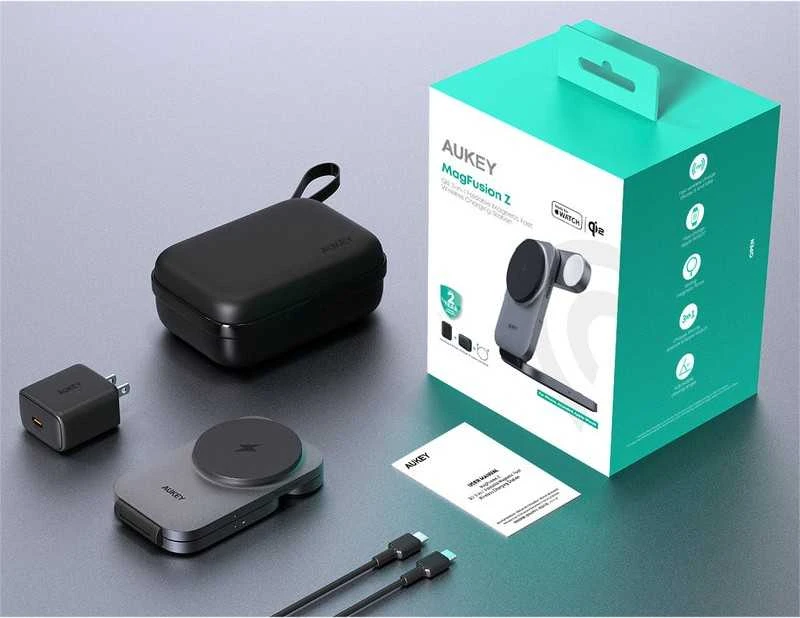 Magnetinis belaidis įkroviklis 3 viename MagFusion Aukey LC-MC312, 15 W Qi2 (pilka)
