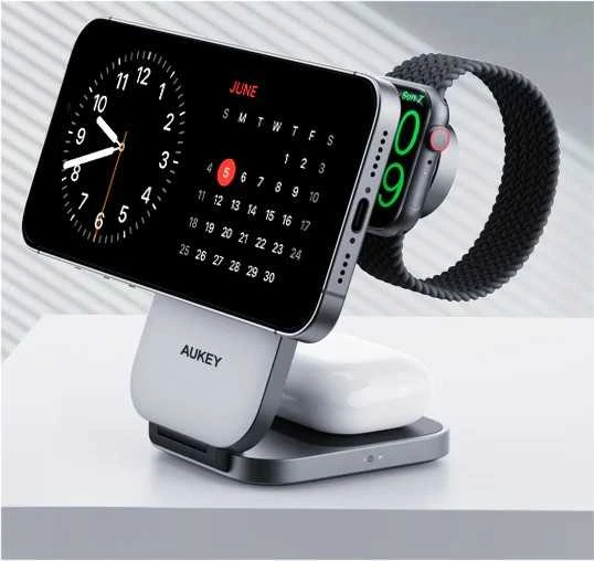 Magnetinis belaidis įkroviklis 3 viename MagFusion Aukey LC-MC312, 15 W Qi2 (pilka)