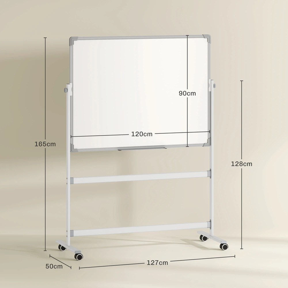 HOMCOM Magnetinė lenta 120 x 90 cm Dvipusė magnetinė lenta su stovu, ratukais, 6 žymekliais ir 1 trintuku, 360° pasukama, 3 pakopų reguliuojama magnetinė lenta biurui, namams