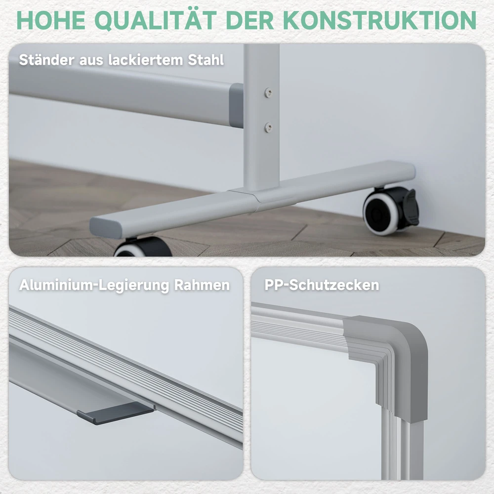 HOMCOM Magnetinė lenta 120 x 90 cm Dvipusė magnetinė lenta su stovu, ratukais, 6 žymekliais ir 1 trintuku, 360° pasukama, 3 pakopų reguliuojama magnetinė lenta biurui, namams